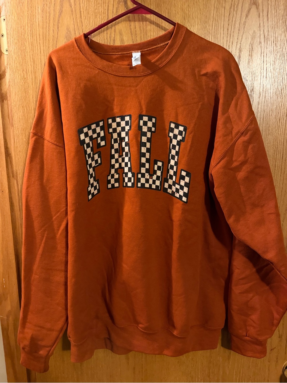 Jerzees Rust Orange 'FALL' Checkerboard Graphic Crewneck Sweatshirt